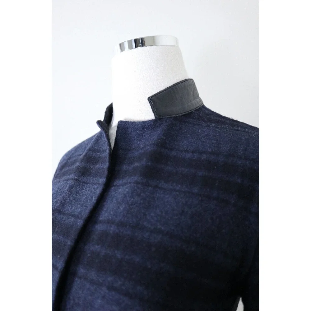 Akris US 4 Double Faced Wool Reversible Longline Jacket Navy Plaid Black - Picture 5 of 16
